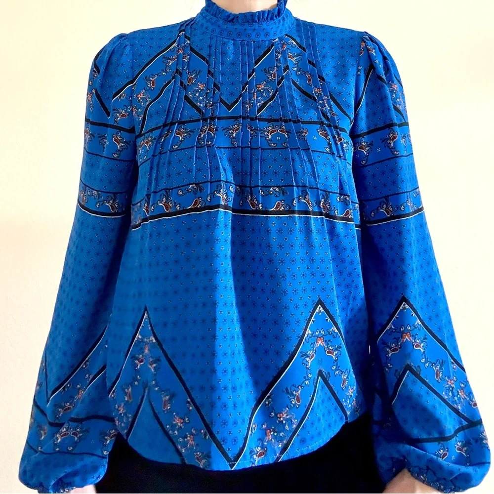 Boho Blue Blouse Balloon Sleeve Ruffle Neck Lightweight S